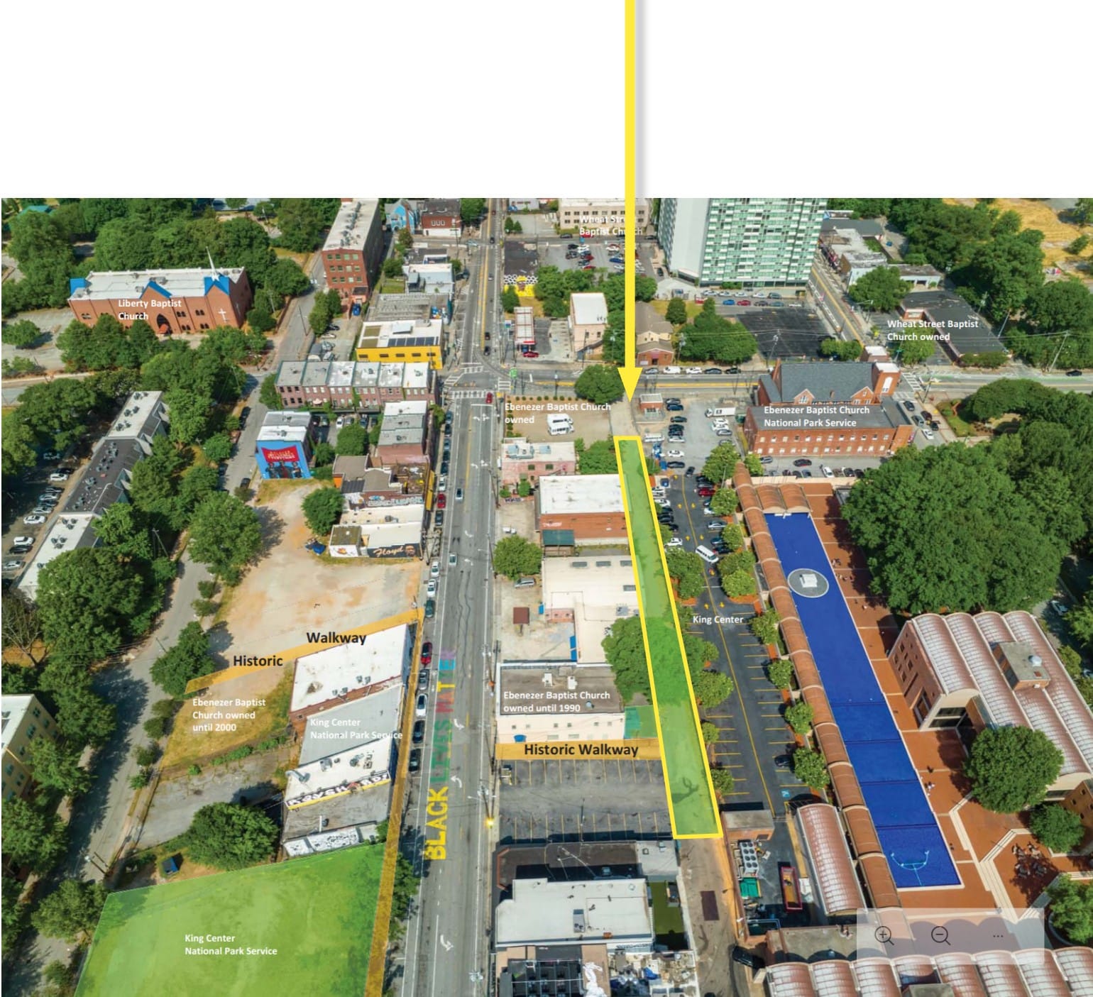 Aerial view of Edgewood Avenue and Jackson Place corridor showing The King Center, Ebenezer Baptist Church, Edgewood Historic Walkway, and the Peace Garden location