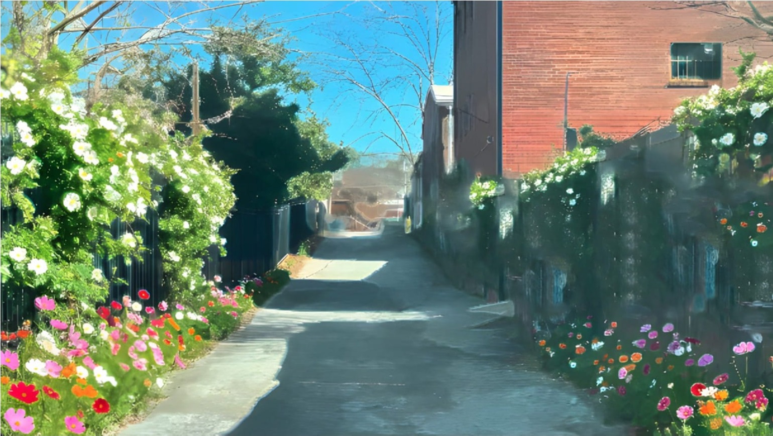 Conceptual illustration of Jackson Place Peace Garden as viewed from Jackson Street, looking East — flowers lining a walkway between buildings